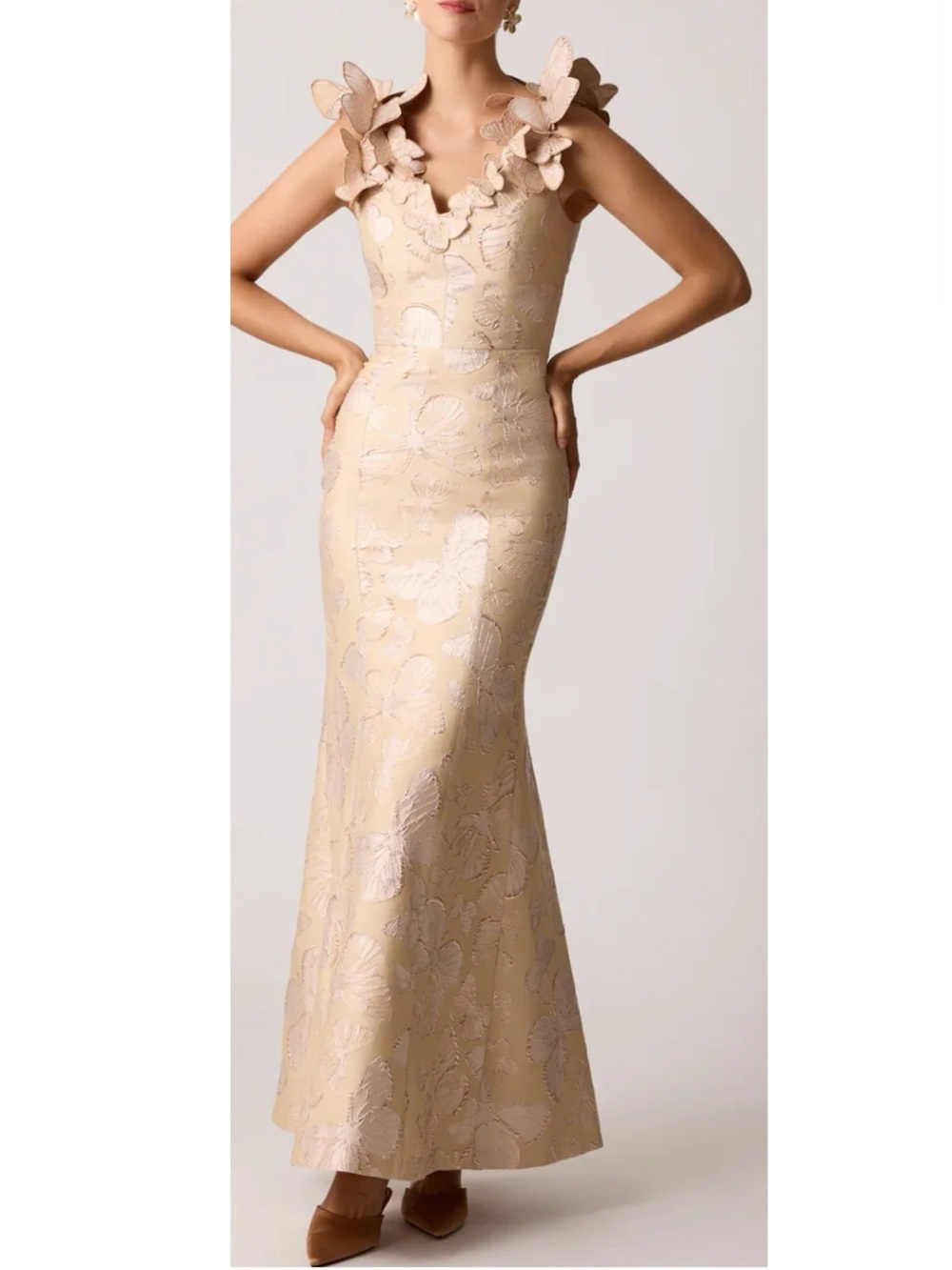 TERI JON Metallic Jacquard Butterfly Pattern Trim Gown